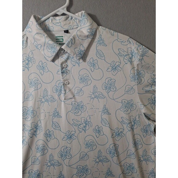 Three Sixty Six  Polo Mens L Golf Stretch Performance White Blue Floral Bees AOP - Picture 2 of 7